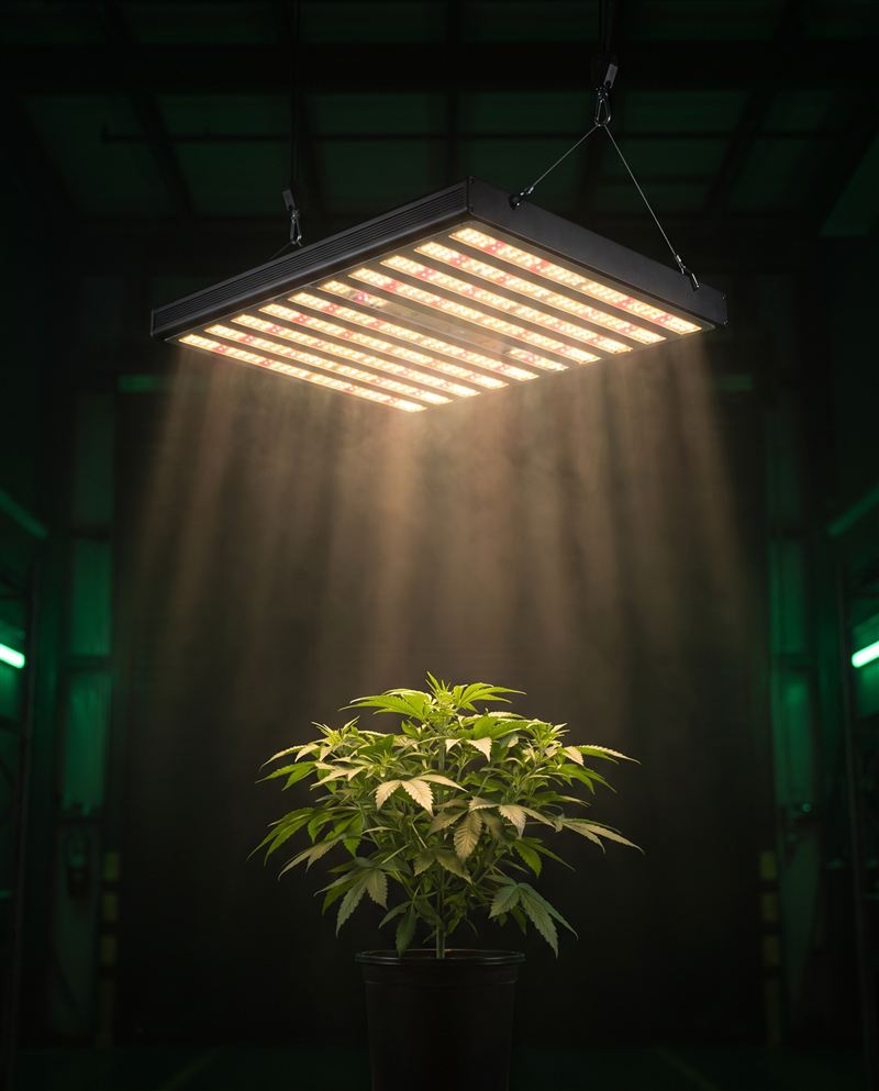 LED-Growlampe über einer Pflanze