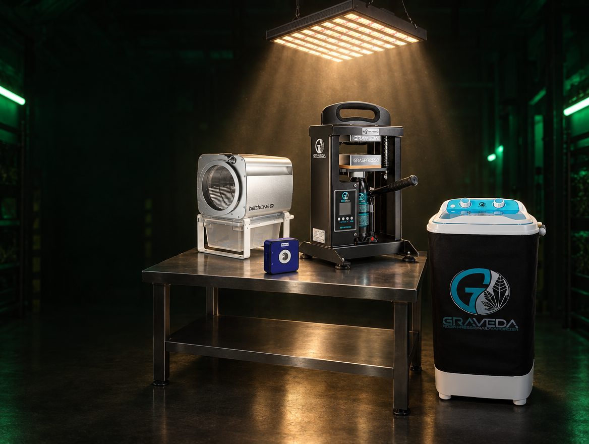 Mietgeräte bei Bloom Industry: BatchOne Go, Graveda Rosin-Presse, Purpl Pro und Graveda Eiswasser-Waschmaschine