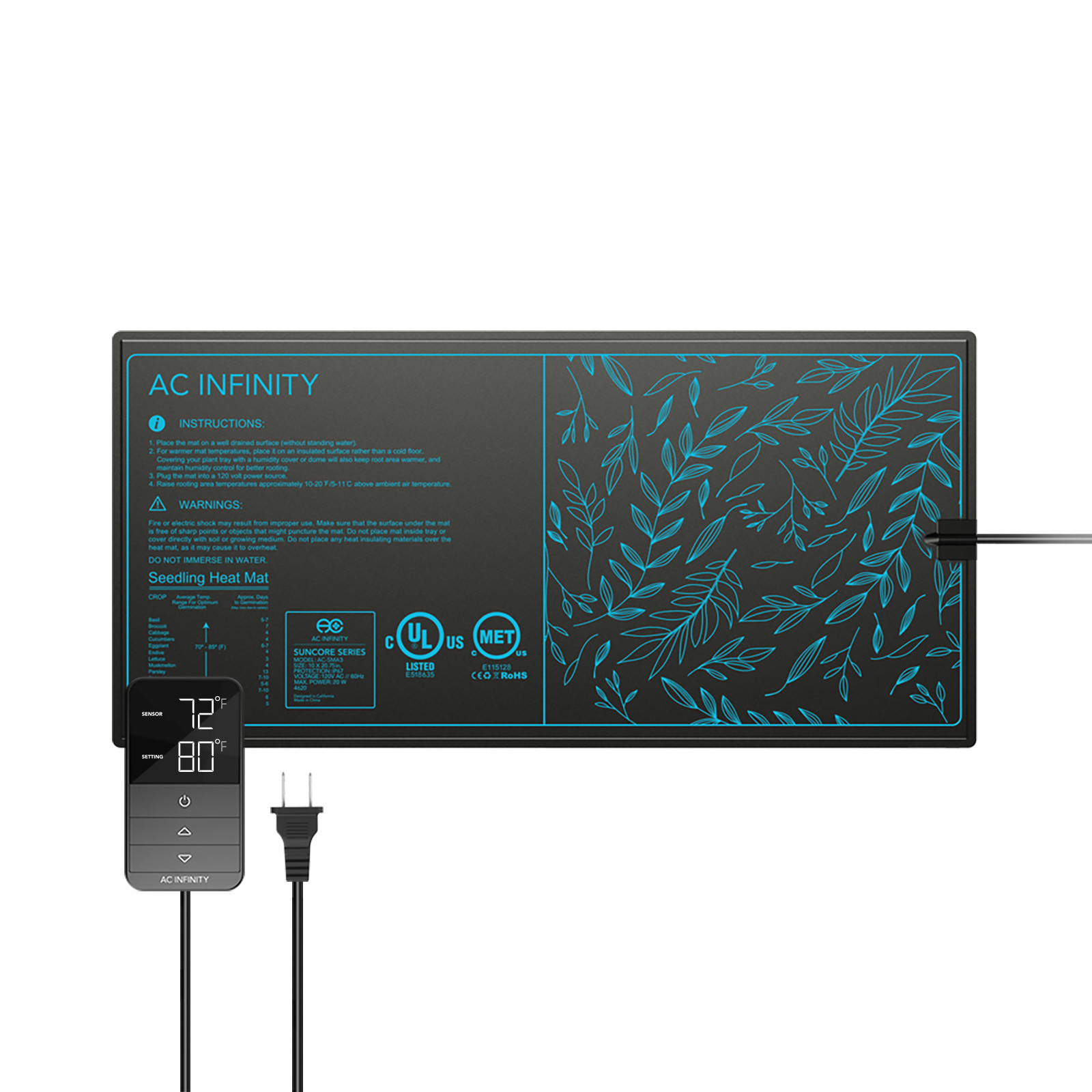 SUNCORE H3, Heizmatte für Keimlinge mit Digitalanzeige-Controller,  25,4 cm x 52,7 cm