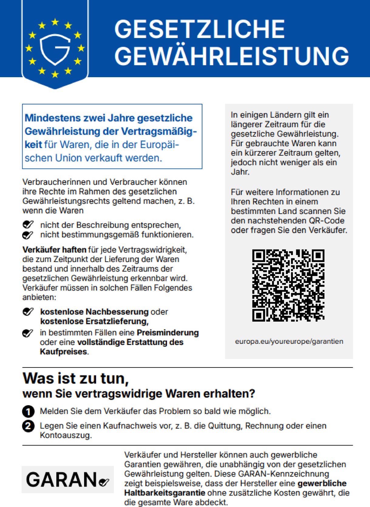 Harmonisierte EU-Mitteilung: Gesetzliche Gewährleistung – mindestens zwei Jahre für Waren, die in der EU verkauft werden (Volltext folgt)